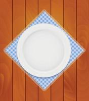 White Eppty Plate on Kitchen Napkin at Wooden Boards Background Vector Illustration