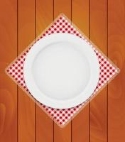 White Eppty Plate on Kitchen Napkin at Wooden Boards Background Vector Illustration