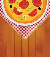 Pizza in White Plate on Kitchen Napkin at Wooden Boards Background Vector Illustration