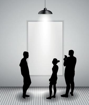 Silhouette of people in Background with Lighting Lamp and Frame look at the Empty Space for Your Text, Object or advertisement. Vector Illustration.