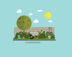 Ilustración de vector de fondo plano de jardinería. herramientas de jardín, árboles, vallas y arbustos sobre fondo natural. ilustración en estilo plano moderno