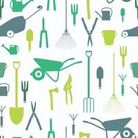 Garden Tools, Instruments Flat Icon Collection Set. Shovel, bucket, rake, secateurs, scissors, wheelbarrow and watering. Seamless Pattern Background vector