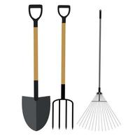 Garden Tools, Instruments Flat Icon Collection Set. Shovel, Rake and Pitchfork Vector Illustration