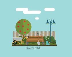 Ilustración de vector de fondo plano de jardinería. herramientas de jardín, árboles, vallas y arbustos sobre fondo natural. ilustración en estilo plano moderno