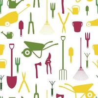 Garden Tools, Instruments Flat Icon Collection Set. Shovel, bucket, rake, secateurs, scissors, wheelbarrow and watering. Seamless Pattern Background vector