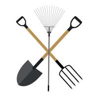 herramientas de jardín, conjunto de colección de iconos planos de instrumentos. Ilustración de vector de pala, rastrillo y horquilla
