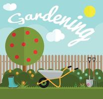 Gardening Flat Background Vector Illustration. Garden Tools, Tree, Fence and Bush on Natural Background. Illustration in Modern Flat Style.