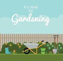 Gardening Flat Background Vector Illustration. Garden Tools, Fence and Bush on Natural Background. Illustration in Modern Flat Style