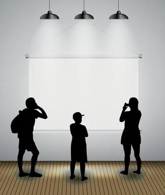 Silhouette of people in Background with Lighting Lamp and Frame look at the Empty Space for Your Text, Object or advertisement. Vector Illustration.