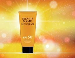 Sun Care Cream Bottle, Tube Template for Ads or Magazine Background. 3D Realistic Vector Iillustration