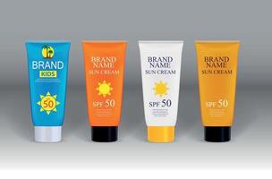 Sun Care Cream Bottle, Tube Template for Ads or Magazine Background. 3D Realistic Vector Iillustration