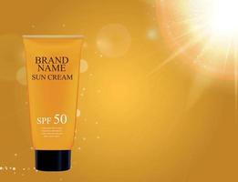 Sun Care Cream Bottle, Tube Template for Ads or Magazine Background. 3D Realistic Vector Iillustration