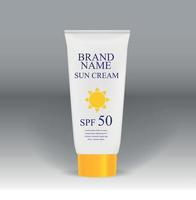 Sun Care Cream Bottle, Tube Template for Ads or Magazine Background. 3D Realistic Vector Iillustration