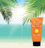 Sun Care Cream Bottle, Tube Template for Ads or Magazine Background. 3D Realistic Vector Iillustration