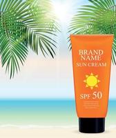 Sun Care Cream Bottle, Tube Template for Ads or Magazine Background. 3D Realistic Vector Iillustration