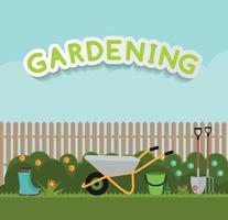 Gardening Flat Background Vector Illustration. Garden Tools, Tree, Fence and Bush on Natural Background. Illustration in Modern Flat Style
