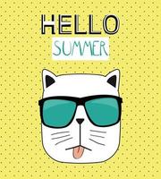 Hello Summer Background with Funny Hand Drawn Cat. Vector Illustration