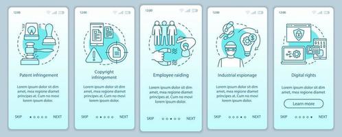 Ethical issues onboarding mobile app page screen vector template. Patent infringement, digital rights. Walkthrough website steps with linear illustrations. UX, UI, GUI smartphone interface concept