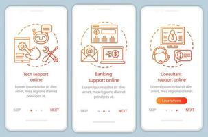 Customer support online onboarding mobile app page screen with linear concepts. Client interactive services walkthrough steps graphic instructions. UX, UI, GUI vector template with illustrations