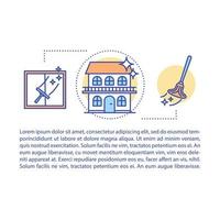 Plantilla de vector de página de artículo de limpieza residencial. limpieza de ventanas. folleto, revista, elemento de diseño de folleto con iconos lineales y cuadros de texto. diseño de impresión. ilustraciones de concepto con espacio de texto