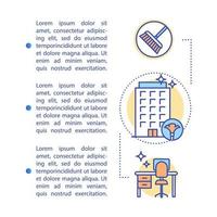 Plantilla de vector de página de artículo de agencia de limpieza. limpieza comercial. folleto, revista, elemento de diseño de folleto con iconos lineales y cuadros de texto. diseño de impresión. ilustraciones de concepto con espacio de texto