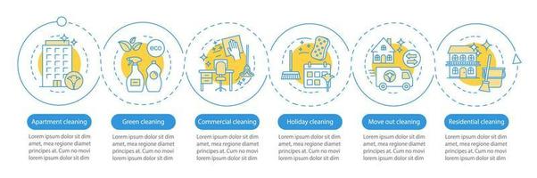 servicios de limpieza plantilla de infografía vectorial. limpieza del apartamento. elementos de diseño de presentación de negocios. visualización de datos, seis pasos, opciones. gráfico de la línea de tiempo del proceso. diseño de flujo de trabajo, iconos lineales vector