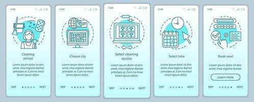 Cleaning service booking onboarding mobile app page screen, linear concepts. Online form filling. Cleanup company. Five walkthrough steps graphic instruction. UX, UI, GUI vector template, illustration