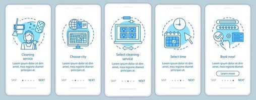 Servicio de limpieza reservando la pantalla de la página de la aplicación móvil incorporada, conceptos lineales. empresa de limpieza. instrucción gráfica de cinco pasos de tutorial. llenado de formularios en línea. ux, ui, plantilla de vector de interfaz gráfica de usuario, ilustración