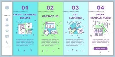 Cleaning service booking onboarding mobile web pages vector template. Cleanup planning. Responsive smartphone web interface idea, linear illustrations. Webpage walkthrough step screens. Color concept