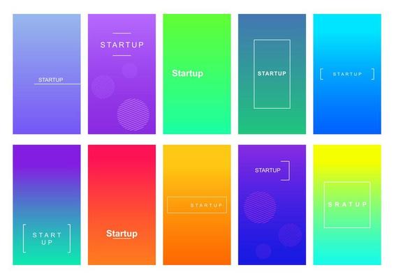 Startup social media stories duotone template set. Gradient advertising web banner with text, promotion content layout. Modern vibrant mobile app design. Blending rainbow colors with frame mockup pack