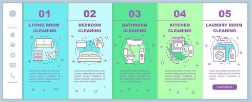 Home cleaning onboarding mobile web pages vector template. Living room cleanup. Responsive smartphone website interface idea, linear illustrations. Webpage walkthrough step screens. Color concept