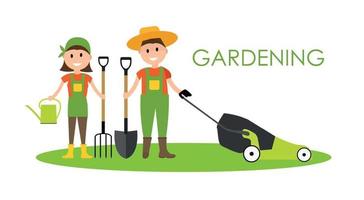 Garden Background Vector Illustration. Farmer Gardener Man and Woman in Modern Flat Style