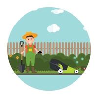 Garden Background Vector Illustration. Farmer GarGarden Background Vector Illustration. Farmer Gardener Man with Lawnmower in Modern Flat Styledener Man and Woman in Modern Flat Style