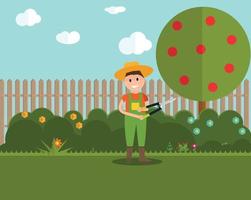 Garden Background Vector Illustration. Farmer Gardener Man with Scissors for Shearing Bushes in Modern Flat Style