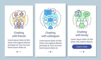 Chatting people onboarding mobile app page screen with linear concepts. Time online. Friends, family, colleagues walkthrough steps graphic instructions. UX, UI, GUI vector template with illustrations