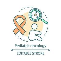 Pediatric oncology concept icon. Nursing care. Children cancer. Awareness ribbon, laboratory test. Child oncology disease idea thin line illustration. Vector isolated outline drawing. Editable stroke