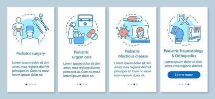 Pediatrics services onboarding mobile app page screen with linear concepts. Urgent care, infectious disease, traumatology walkthrough steps graphic instructions. UX, UI, GUI vector template with icons