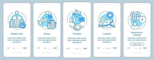 Pediatric clinic onboarding mobile app page screen with linear concepts. Services, appointment schedule, providers, walkthrough steps graphic instructions. UX, UI, GUI vector template with icons