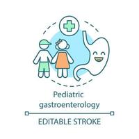 Pediatric gastroenterology concept icon. Healthy kids gastrointestinal tract. Cartoon smile stomach character. Child health care idea thin line icon. Vector isolated outline drawing. Editable stroke