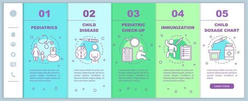 Pediatric service onboarding mobile web pages vector template. Check-up, immunization. Responsive smartphone website interface idea with illustrations. Webpage walkthrough step screens. Color concept