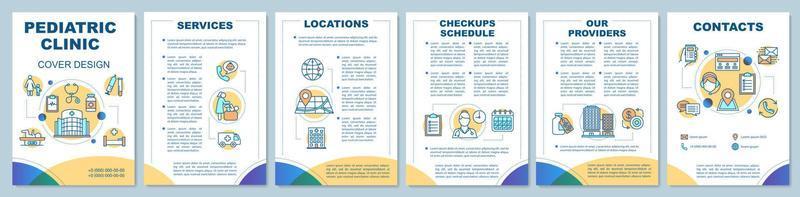Pediatric clinic brochure template layout. Services, location, checkup schedule. Flyer, booklet, leaflet print design with linear icons. Vector page layouts for magazines, reports, advertising posters