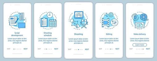 plantilla de vector de pantalla de página de aplicación móvil de incorporación de producción de video. proceso de realización de películas. industria del cine. paso a paso del sitio web con ilustraciones lineales. concepto de interfaz de teléfono inteligente ux, ui, gui