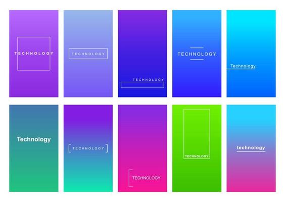 Technology social media stories duotone template set. Gradient advertising web banner with text, promotion content layout. Modern vibrant mobile app design. Blending neon colors with frame mockup pack