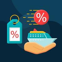 Cruise discounts flat concept vector icon. Cheap cruise deal idea cartoon color illustrations set. Sale, special price, last minute offer. Cheap voyage. Ticket booking. Isolated graphic design element