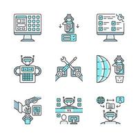 RPA color icons set. Robotic process automation benefits. Artificial intelligence worker. GUI, settings, calculation, sorting and analyzing information, PbD. Isolated vector illustrations