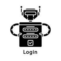 icono de glifo de inicio de sesión. robot iniciando sesión en la aplicación. bot de Internet. formulario de autorización. Automatización robótica de procesos. símbolo de silueta. espacio negativo. vector ilustración aislada