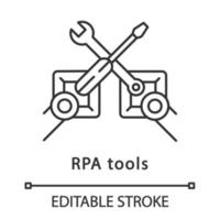 RPA tools linear icon. Robotic process automation. Robot mechanic. Automate workflows. AI worker. Thin line illustration. Contour symbol. Vector isolated outline drawing. Editable stroke