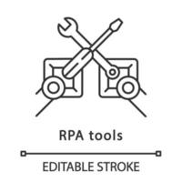 RPA tools linear icon. Robotic process automation. Robot mechanic. Automate workflows. AI worker. Thin line illustration. Contour symbol. Vector isolated outline drawing. Editable stroke