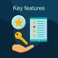 Key features flat concept vector icon. Select option idea cartoon color illustrations set. Add to favorite. Create bookmark. Manage settings. Safe authorization, login. Isolated graphic design element