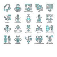 RPA color icons set. Robotic process automation. Clerical process automation technology. Software robots. Artificial intelligence workers. Automate workflows. Isolated vector illustrations